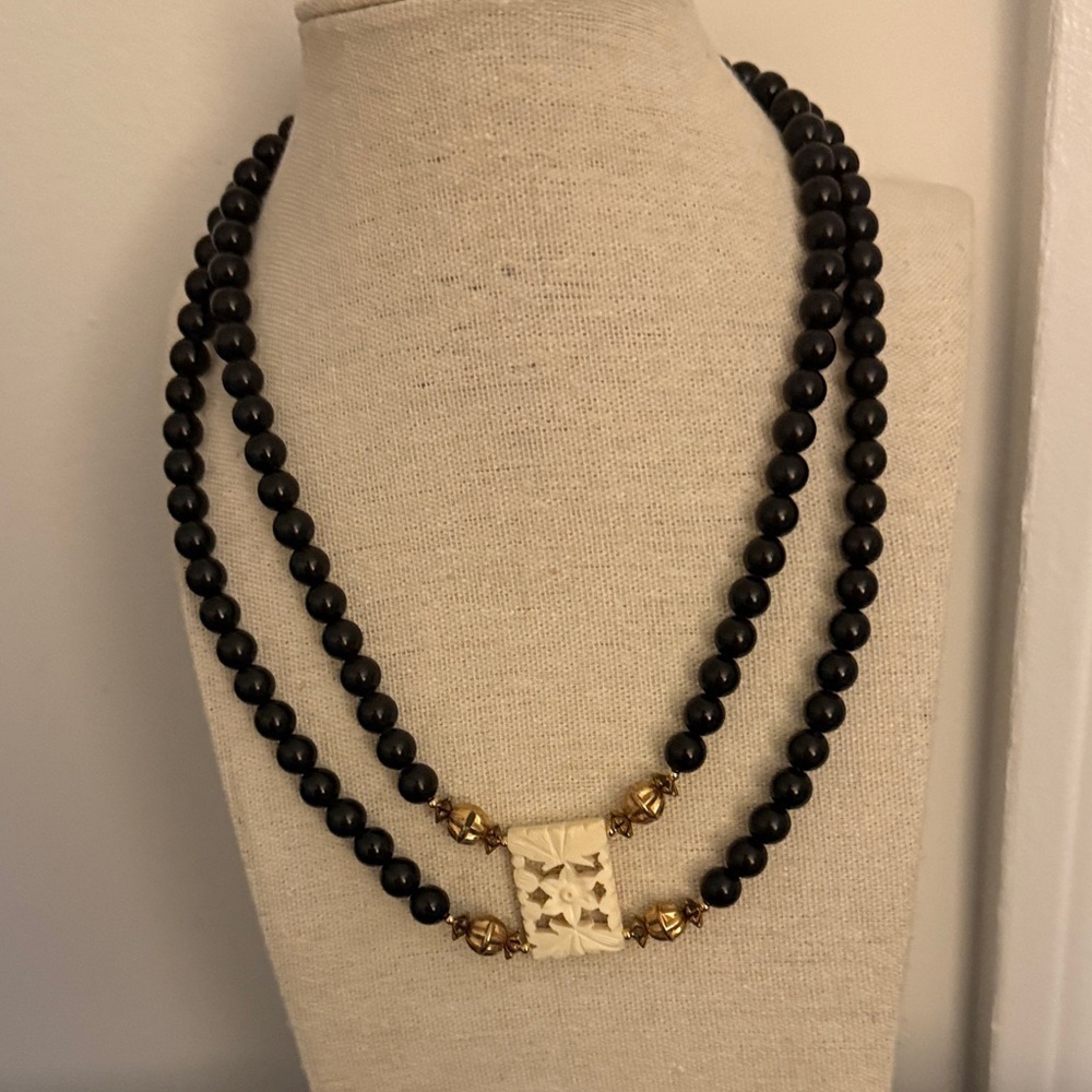 Vintage Necklace ‘90’s 2 Black Bead Strands with White Carved Center Element.